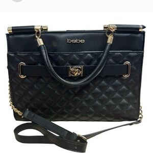 Bebe Black Quilted Bag Chain Embellished Strap Top Handle Large Purse EUC